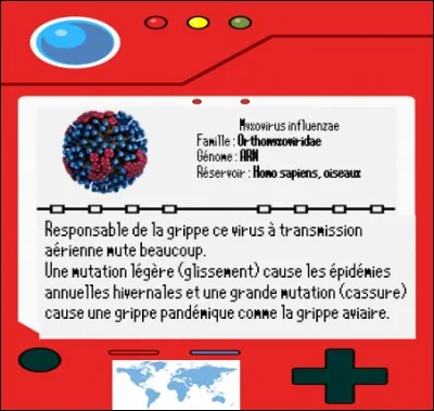 Une fois le badge "Sick-kid" en poche notre héros reprend la route et tombe sur le chemin d'un virus qui sévit tous les hivers et connu sous le nom de grippe : myxovirus influenzae.
Les grandes épidémies de grippe sont nommées via un code semblant abstrait composé de H, de N et de chiffres comme la grippe H1N1 de 2010. À quoi correspond ce code ?