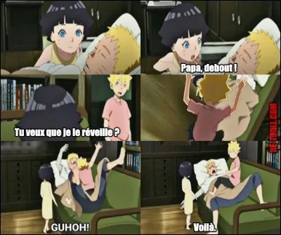 Bonjour, papa ! Comment s'appelle la petite fille qui essaie de réveiller Naruto ?