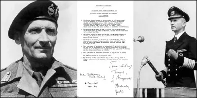 Le 4 mai 1945, le général Montgomery reçoit une première capitulation allemande. Cette capitulation ne sera valable que pour le Nord-Ouest de l'Allemagne.
Qu'espérait l'amiral Dönitz (nouveau dirigeant de l'Allemagne) en voulant signer cette capitulation ?
