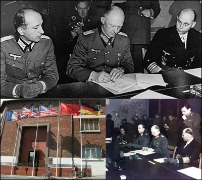 La capitulation allemande sera signée au sein de l'état-major allié (SHAEF). Les deux délégations signeront cet acte dans le but de terminer la 2e Guerre mondiale en Europe, malgré tout, cela ne sera pas réellement le cas.
A quelle date et dans quel lieu sera signé cet acte ?