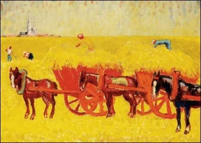 Qui a peint "Charrettes de foin dans les champs" ?