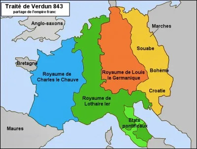 En combien de royaumes le traité de Verdun de 843 partage-t-il l'empire de Charlemagne ?