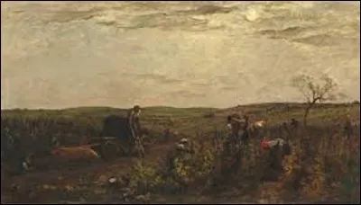 Datant de 1863, le tableau ''Les vendanges en Bourgogne'' représente des vendangeurs dans les vignes. Des bufs se reposent, certaines femmes cueillent le raisin et le placent dans des paniers qui sont ensuite vidés dans des hottes portées par les hommes. Ces derniers vont les déverser dans les cuves placées dans la charrette. Quel peintre de l'École de Barbizon est l'auteur de cette toile ?