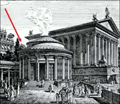 À quelle divinité appartient le temple d'où s'échappe de la fumée ?