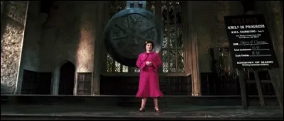 Restons donc avec la directrice inquisitrice, toujours en rose. Fringante, elle surveille ici un examen. Quel est l'animal caché ?