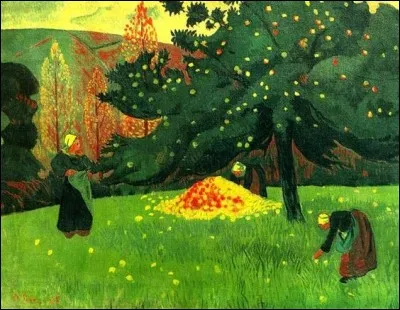 Qui a peint ce tableau très coloré intitulé "La récolte des pommes" ?