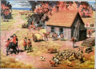 1755 les Britanniques encerclent les églises acadiennes un dimanche matin et capturent autant d'hommes que possible puis rompent les digues et à brûlent maisons et cultures.
Les familles séparées sont placées à bord de navires se dirigeant vers la Caroline du Sud, la Géorgie ou la Pennsylvanie :