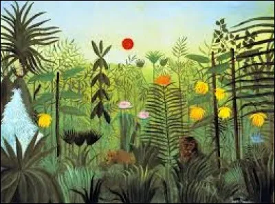 Selon le titre d'un tableau de Henri Rousseau de 1905, sur quel animal se jette le lion qui a faim ?