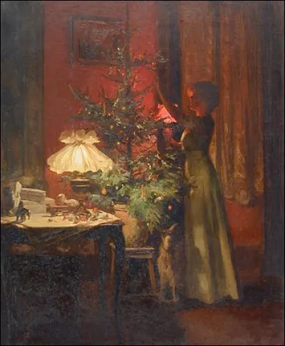 Ce joli tableau de Marcel Rieder montre une jeune fille décorant le sapin de Noël. Là aussi, le rouge fait chanter le vert. Marcel Rieder est un peintre... ?