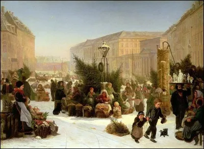 Cette peinture, La vente des sapins de Noël, est de David Jacobsen (1818- 1891), un peintre allemand. Quel arbre était le "roi de la fête" avant d'être détrôné par le sapin ?