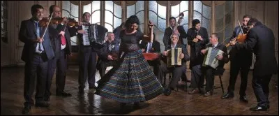 Petit ensemble de musiciens tsiganes jouant surtout des instruments à cordes :