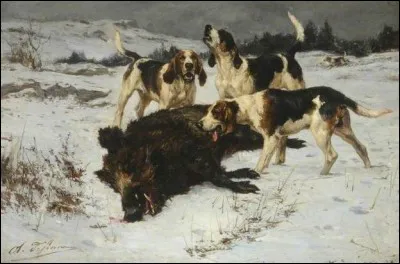 Cette toile intitulée « Sanglier mort et chien » a été créée par un peintre et illustrateur français connu pour ses représentations de scènes de chasse. Comment s'appelle-t-il ?