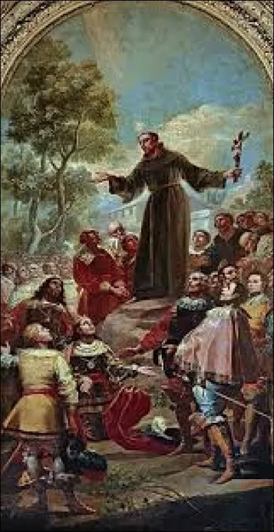 Portant un tire un peu long, "Saint-Bernardin de Sienne prêchant devant Alphonse V d'Aragon" est un tableau de ...