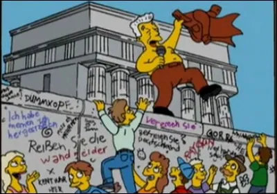 Nous pouvons voir Kent Brockman en train de danser joyeusement avec son micro en tournant sa veste au dessus du fameux mur. Ce célèbre événement a eu lieu le 9 novembre 1989. Dans quel pays a-t-il eu lieu ?