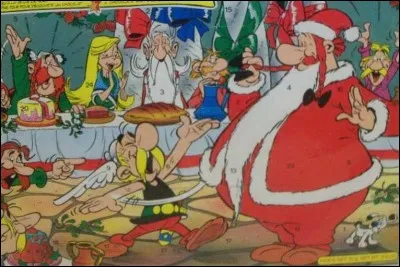 Il y a fête au village gaulois : c'est certain que la bouffe y sera bonne et que l'on prendra des cervoises. Obélix n'a eu aucune difficulté pour se déguiser en père Noël. Notre petit rusé est le présentateur.
Abraracourcix et Panoramix sont au centre avec Zaza, je crois.

Aidez moi pour les autres, mais, on peut être certain qu'ils nous donnent un joyeux bel exemple.