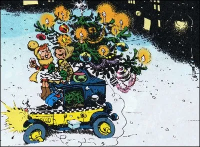 Lui, il s'en paie des folies, les deux assis sur le capot de son tacot, l'arbre connecté est illuminé, l'un, la bouteille à la main et l'autre, la coupe. Il y a de la fondue, je crois, pas d'importance, ils sont biens !