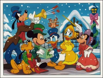 Le revoici à Noël avec ses amis. Il y a le chien Pluto, une puissante voix : je suis certain qu'il chante faux. Donald avec Tic et Tac sur le chapeau. Puis Dingo qui souffle de la trompette, accompagné d'un duo de belles voix, composé de Minnie et Daisy.

Joyeux Noel à tous !