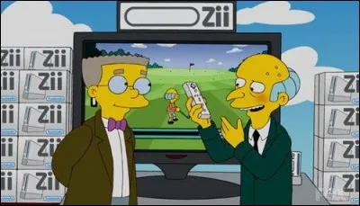Nous pouvons observer Monsieur Burns et Monsieur Smithers devant une Zii. Ils jouent à la Zii Sports, qui est une parodie de la Wii Sport. Ils jouent avec enthousiasme au golf ! À quel groupe appartient la Zii ? (Une parodie de Nintendo)