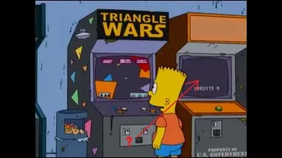 C'est un jeu d'Arcades à un seul bouton que l'on trouve à la Zapateria du Capitaine Blip au centre commercial de Springfield. Nous pouvons voir que ce jeu appartient au gouvernement des USA. 
A un moment où Bart a trouvé le jeu Triangle Wars (voir Q-5, Quiz 2/4!), la borne d'arcade se trouve à sa droite. Mais quel est le nom de ce jeu?