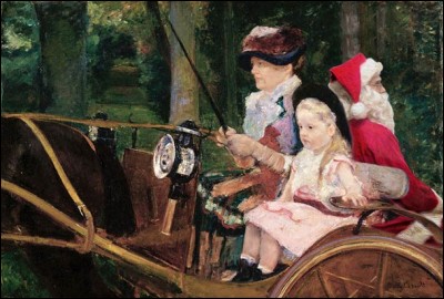Le facétieux père Noël s'invite dans ce tableau pour se faire conduire par la mère et son enfant. Qui est l'artiste peintre de l'original ?