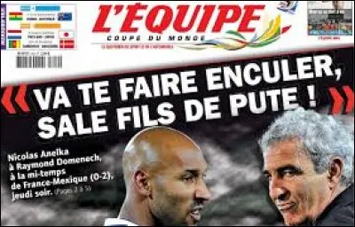 À la mi-temps du match France-Mexique du Mondial 2010, Raymond Domenech reprochait de façon insistante à Nicolas Anelka de ne pas suffisamment bouger sur le terrain. Celui-ci l'insulta alors. Mais quelle insulte aurait-il vraiment proférée selon R. Domenech ?