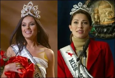 Oksana Fiodorova (&agrave; gauche) est &eacute;lue Miss Univers 2002, elle est destitu&eacute;e de son titre apr&egrave;s 4 mois de r&egrave;gne pour manquements &agrave; ses obligations ; elle est remplac&eacute;e par sa dauphine, Justine Pasek (&agrave; droite). Elles sont les cinqui&egrave;mes Miss Univers. Quels pays repr&eacute;sentaient-elles ?