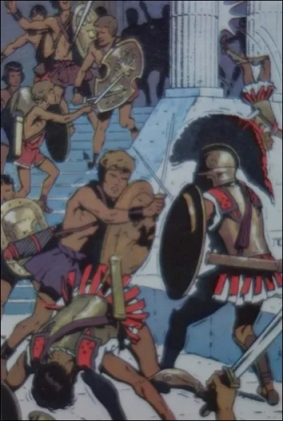 Dans l'album "Le dernier Spartiate", on assiste à un combat entre :