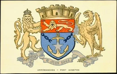Quelle commune du Calvados, haut lieu stratégique de la bataille de Normandie en 1944, a pour blason ce lion à l'ancre de marine ?