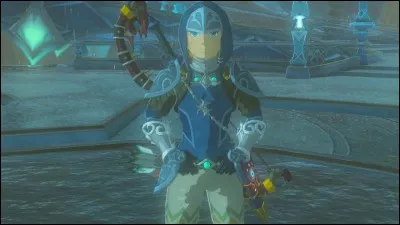 Link porte sur lui, la tunique Zora, les jambières Zora, mais pas le casque Zora. Link peut...