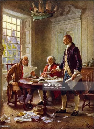 Parlons un peu des Pères de la Confédération américaine. Nous avons ici Jefferson, Adams et Franklin. Bien qu'ils aient uvré en commun, Jefferson est en fait le principal auteur du texte.
 
Thomas Jefferson deviendra par la suite le troisième président de la République !