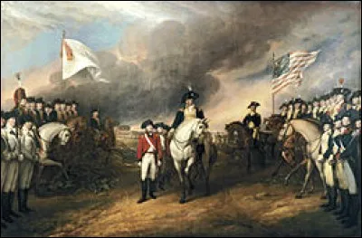 La capitulation de l'Armée royale britannique : on voit ici la reddition de Lord Cornwallis. Le général britannique se rendant aux forces françaises et américaines après le siège de Yorktown (28 septembre - 10 octobre 1781).
Il s'agit d'un moment qui portera les forces alliées vers la victoire finale...