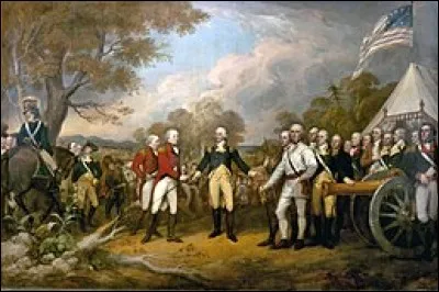 Reddition des armes du 17 octobre 1777. 
Le général britannique Burgoyne, en rouge, offrit son épée au général américain Horatio Gates, qui la refusa et invita plutôt son rival, tel un gentleman, à passer sous sa tente...