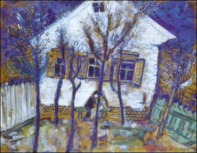Qui est l'auteur du tableau "Maison blanche, amoureux et arbres bleus" ?