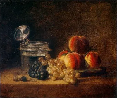 Qui est l'artiste de la toile intitul&eacute;e "Panier de p&ecirc;ches et raisins noirs" ?