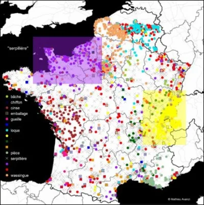 La "serpillière" se passe aujourd'hui encore d'une quinzaine de façons : quelles sont-elles en Normandie (mauve) et Franche-Comté/Lyonnais (jaune) ?