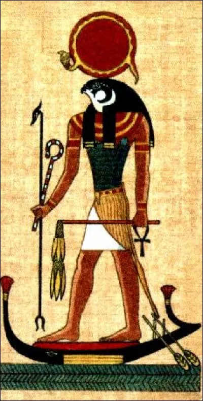 Le dieu du soleil est représenté par un disque solaire sur une tête de faucon. Il voyage de jour comme de nuit dans la barque sacrée. Il a créé le monde et ses prêtres sont les Pharaons. Qui est-ce ?