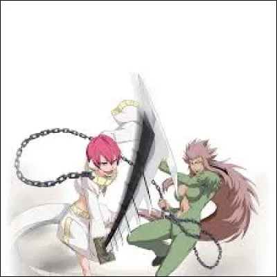 C'est un personnage de "Bleach". Il a deux têtes sous sa forme spirituelle. La première est une femme adulte et la deuxième un petit garçon à queue longue. Elles sont attachées par une chaîne. C'est ...