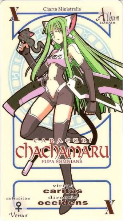 Chachamaru effectue son pactio avec Negi lors du grand bal. Elle peut faire appel à un grand laser satellite grâce à son pistolet chat. Juste avant d'embrasser le petit prof, elle avait une crainte, laquelle ?