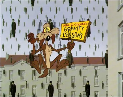 On dirait bien que Vil Coyote a échappé à la loi de la gravité ! Je pense qu'il est surtout à la recherche de nourriture. Depuis longtemps il tente de manger ...