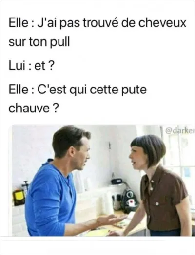 Cet échange savoureux démontre bien l'esprit de répartie des femmes ! Surtout face au caractère souvent vaseux des explications suspectes masculines ! : ) ! L'adultère est considéré comme répréhensible dans de nombreuses civilisations. Depuis quand l'adultère n'est-il plus une faute "pénale" en France ?