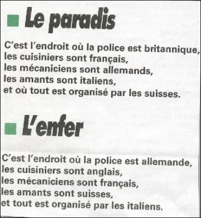 Ce genre d'humour, léger et qui fait sourire, on imagine le monde tel que décrit sous le vocable "enfer", se fonde sur... ?