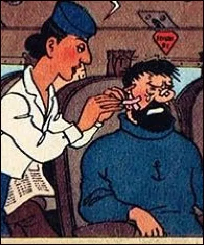 Pour quelle raison le capitaine Haddock se fait-il soigner par une hôtesse de l'air, dans "Tintin au Tibet" ?