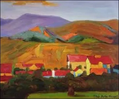 Comment s'appelle l'auteur de cette toile "Village avec des montagnes" ?