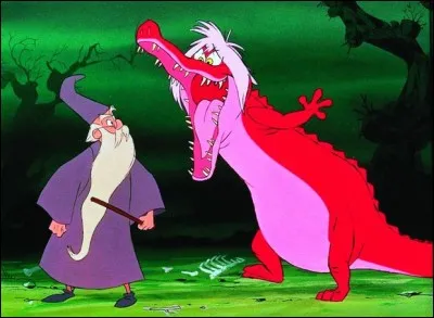 En quoi se métamorphose Merlin l'Enchanteur pour échapper à Madame Mim lorsqu'elle se transforme en alligator durant leur combat ?