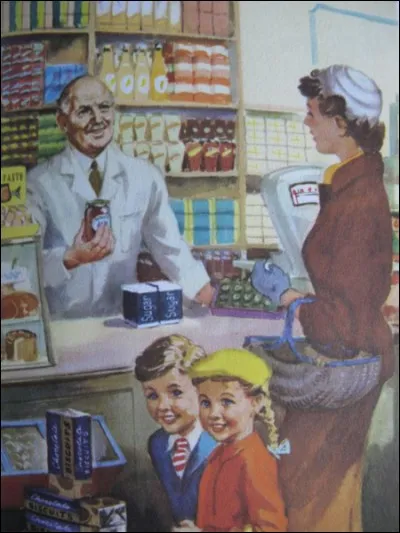 Sur cette affiche ancienne, un commerçant sert une cliente. Quel est métier de ce commerçant ?