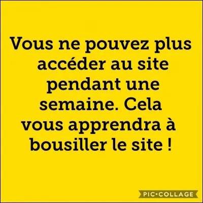 Le problème est résolu grâce à Azuryne qui a prévenu un Webmaster ! Nous pouvons la féliciter ! Tous les quizz ont été réactivés et le pirate a eu comme sanction : une semaine d'interdiction d'accès au site. Je vais vous faire plaisir, en vous faisant gagner un point en plus pour ce quizz : combien y a-t-il de jours dans une semaine ?