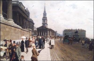 Giuseppe de Nittis "... in London" 1877.
Trafalgar Square avec cette galerie exquise où l'artiste aurait souhaité voir ses uvres !