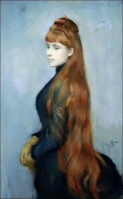 La stricte tenue noire s'oublie dans ce portrait grâce à la somptueuse chevelure rousse du modèle. Qui est le peintre qui a réalisé ce superbe portrait ?