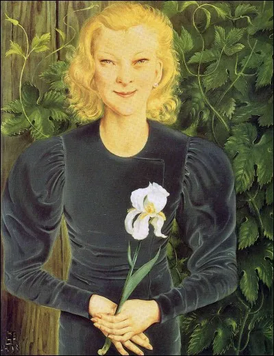 La blondeur du personnage et la blancheur de la fleur mettent en valeur le noir profond de la tenue de la jeune femme. Quel peintre a réalisé ce joli portrait ?