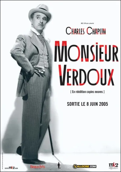 "Monsieur Verdoux"
Un employé de banque parisien, Henri Verdoux, est réduit au chômage par la crise de 1929. Pour subvenir aux besoins de sa femme invalide et de son fils, il épouse de riches veuves qui meurent rapidement après les noces.